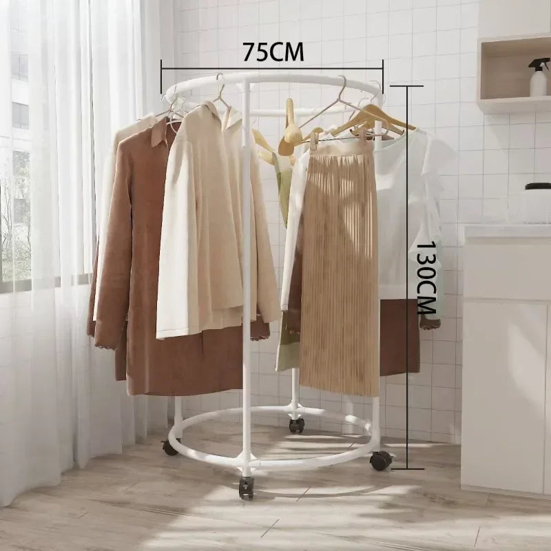 White multi functional coat hanger for clothes with rolling wheels holding various clothing items