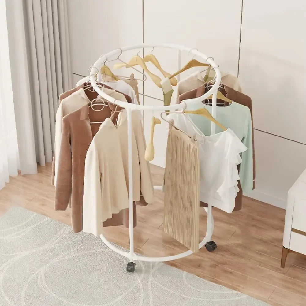Clarify.pk multi functional coat hanger for clothes with white circular design and wheels for living room furniture