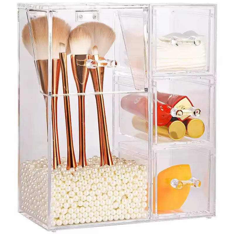 Clear multi-functional cosmetic organizer with multiple compartments holding makeup brushes and beauty products
