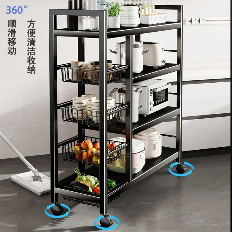 Black multi functional kitchen storage rack with wheels holding kitchen appliances and fruit baskets
