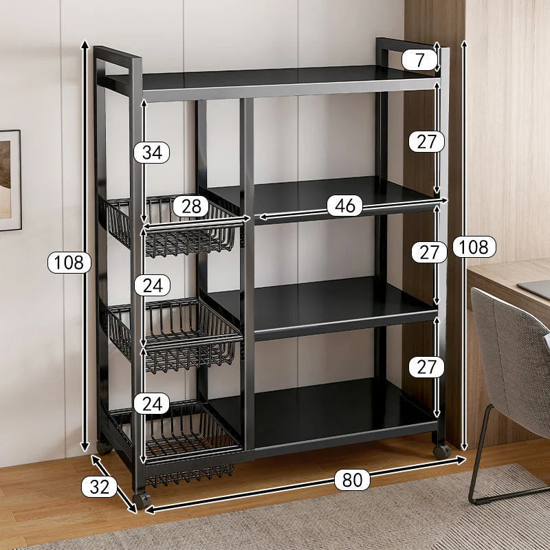 Clarify.pk multi functional kitchen storage rack with black metal frame and multiple shelves and baskets
