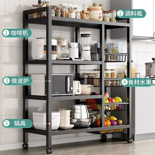 Multi functional kitchen storage rack with multiple shelves holding jars, blender, microwave, cookware, and fresh fruits