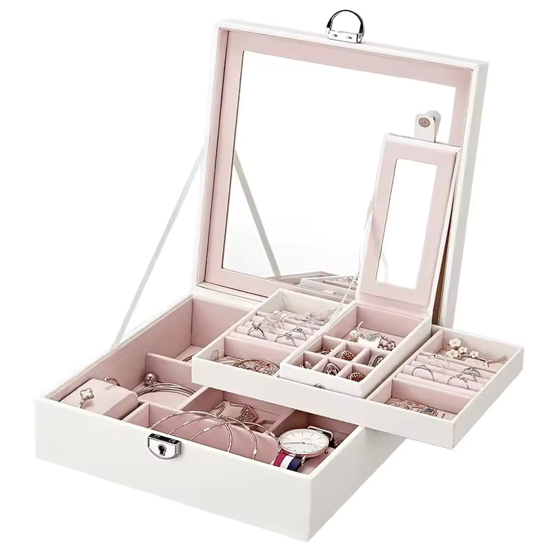 Clarify.pk multi functional leather jewelry box in white with multiple compartments and a mirror