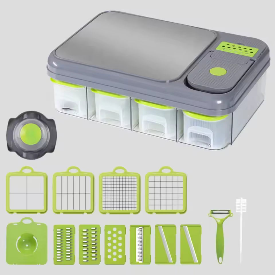 Clarify.pk multi functional vegetable slicer with multiple grater blades and storage containers in gray and green