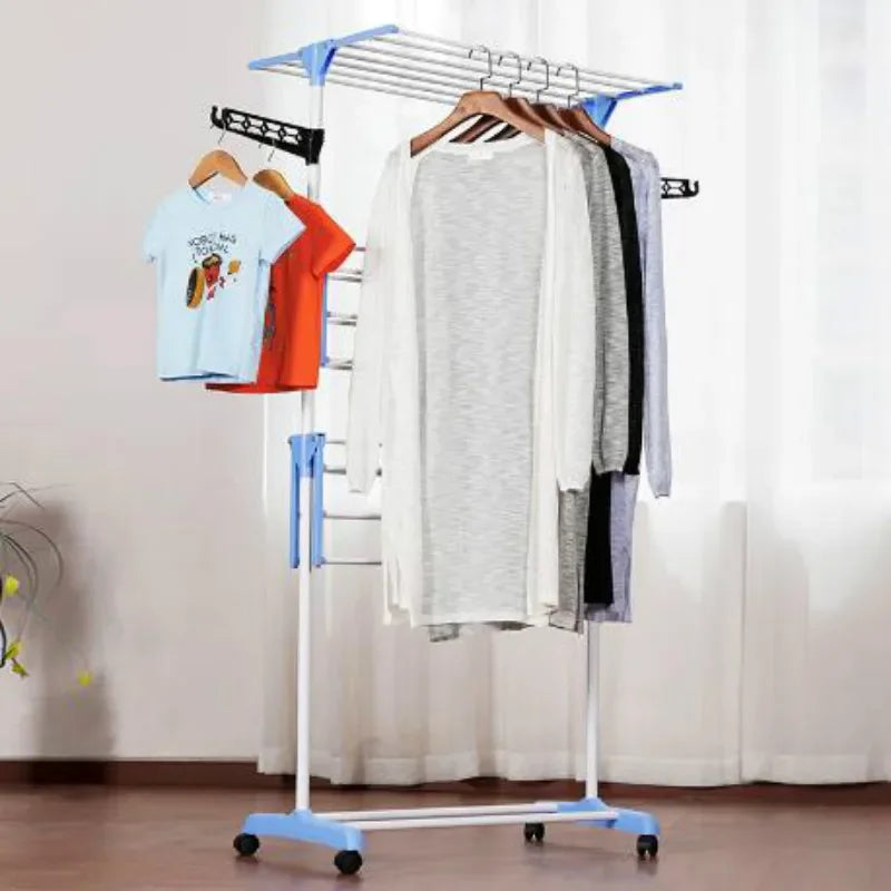 Clarify.pk multi layer drying rack with hanging clothes and wheeled base for easy mobility