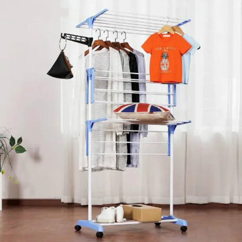 Clarify.pk multi layer drying rack with wheels holding clothes shoes and pillow in living room