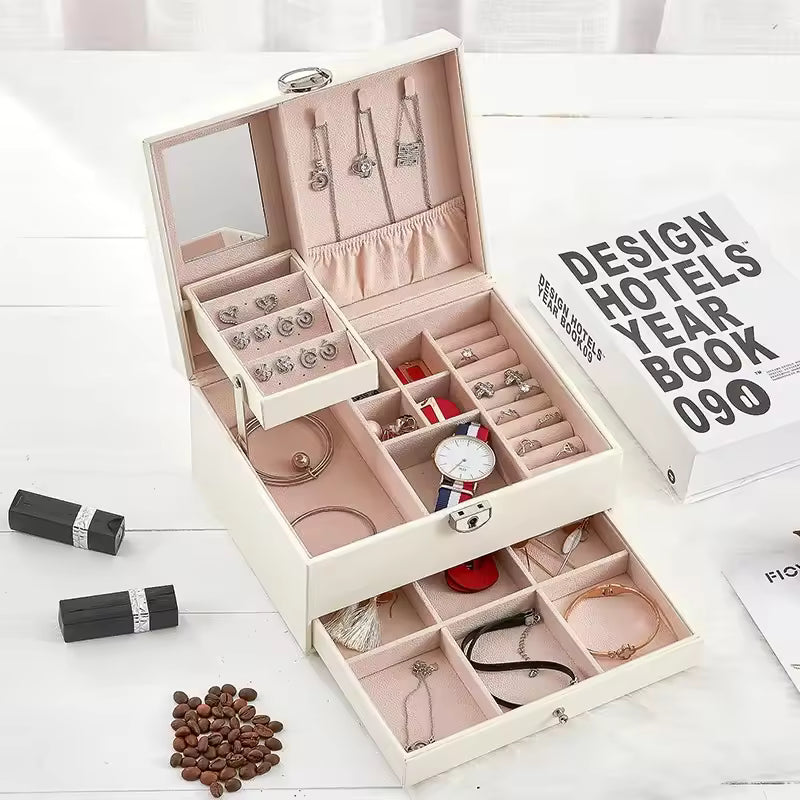 Clarify.pk multi-layer jewelry storage case in white with compartments for rings, necklaces, and bracelets