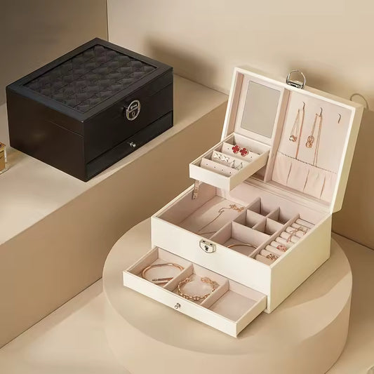 Clarify.pk multi-layer jewelry storage case in black and white with compartments for rings and necklaces