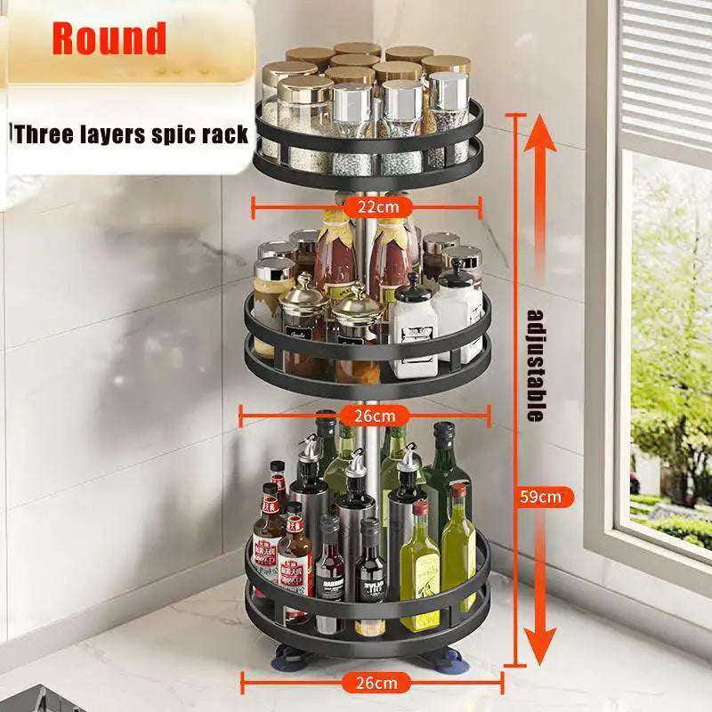 Clarify.pk multi-layer kitchen storage organizer with three round adjustable tiers for spices and bottles