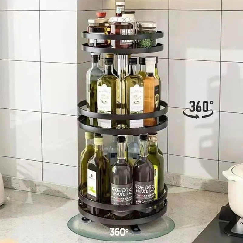 Clarify.pk multi-layer kitchen storage organizer with 360-degree rotating tiers holding bottles and jars