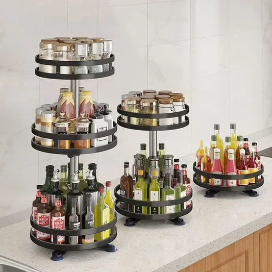 Clarify.pk multi-layer kitchen storage organizer with three-tier and two-tier metal shelves holding jars and bottles