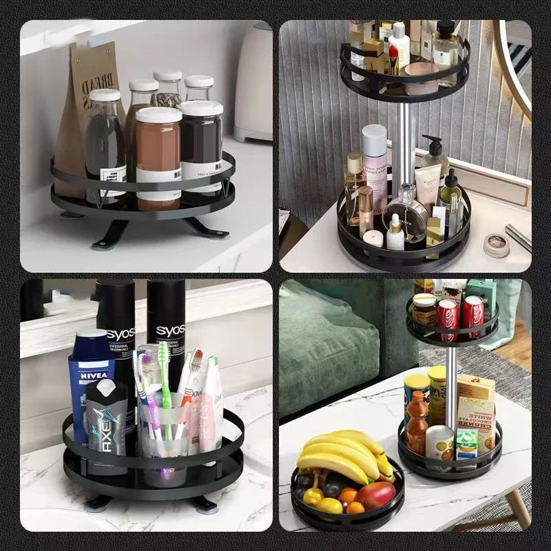 Black multi-layer kitchen storage organizer holding jars, toiletries, fruits, and canned drinks in various room settings