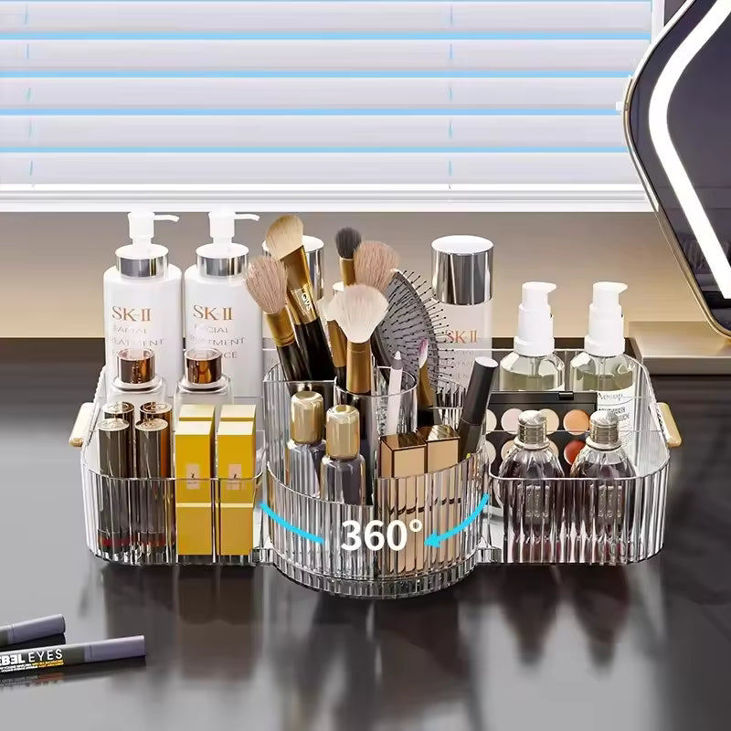Clarify.pk multi-layer makeup storage rack organizing skincare, brushes, and cosmetics on a vanity