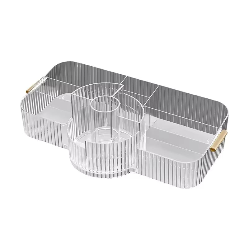 Clear multi-layer makeup storage rack with multiple compartments and gold handles for organizing cosmetics