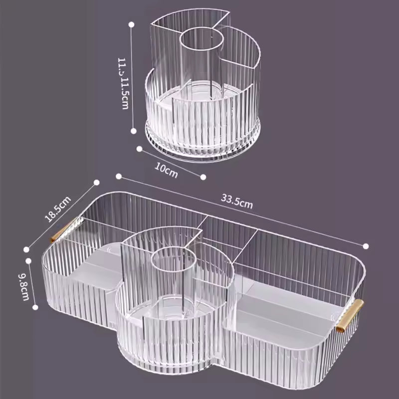 Clear acrylic multi-layer makeup storage rack with multiple compartments and round central section