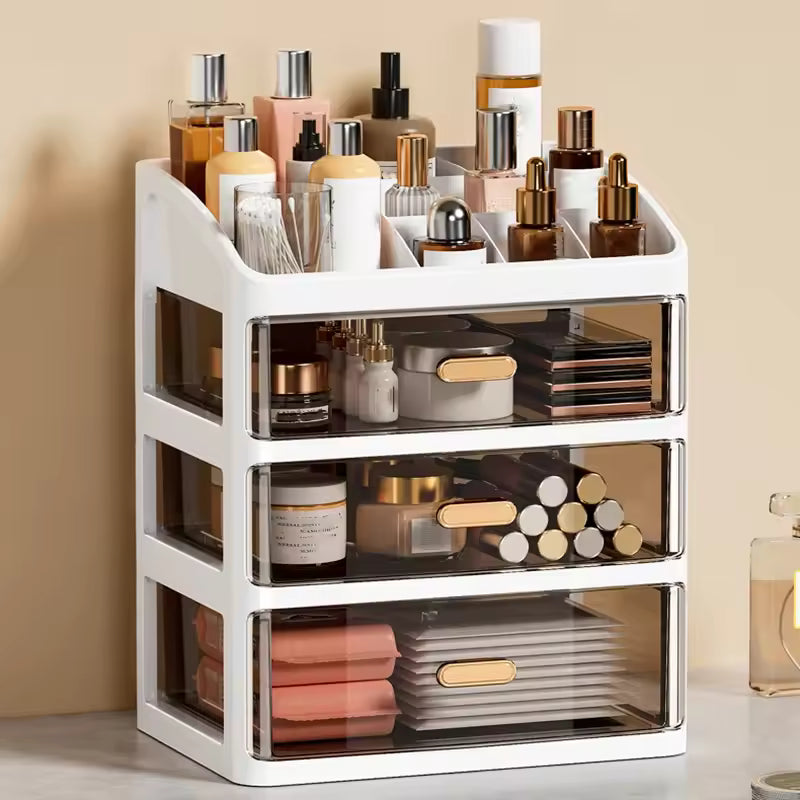 Clarify.pk multi-layer storage box for cosmetics with clear drawers and white frame holding makeup bottles and accessories