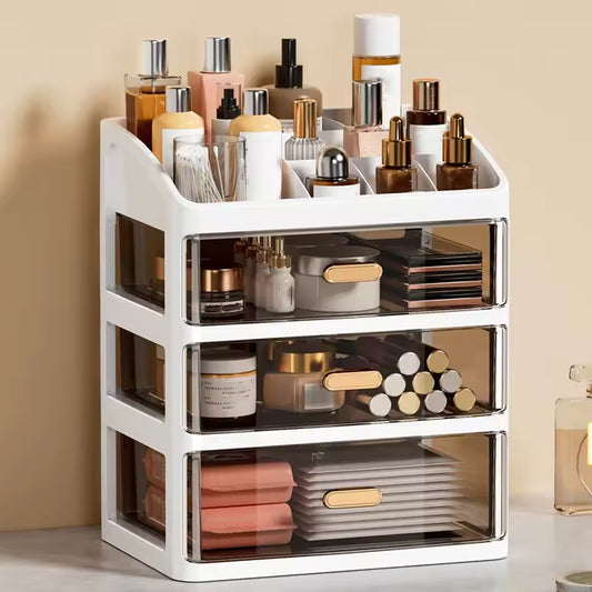 Clarify.pk multi-layer storage box for cosmetics with clear drawers and white frame holding makeup bottles and accessories