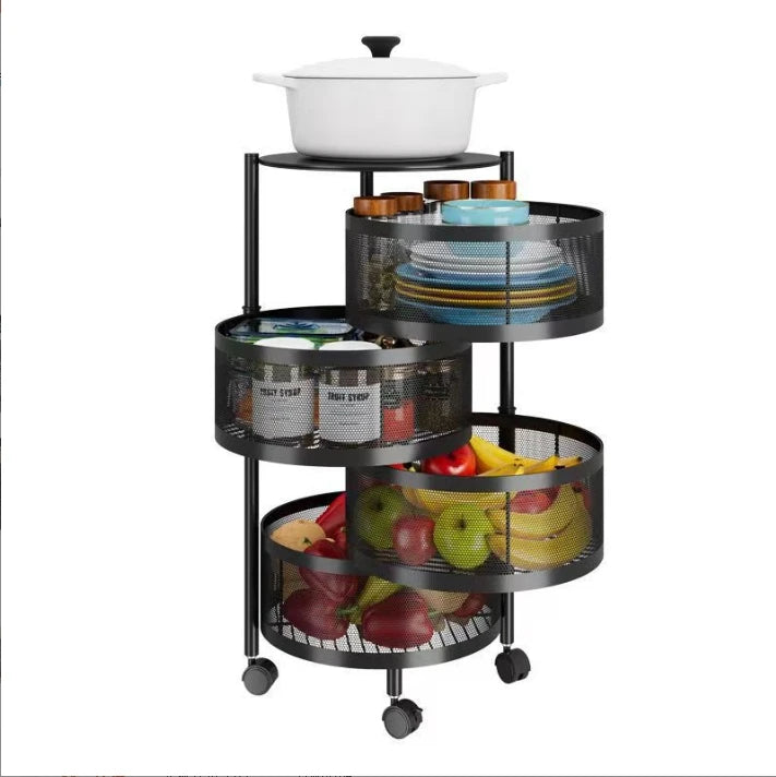 Clarify.pk multi layer vegetable and fruit organizer with black metal mesh tiers and wheels holding fruits, cans, and kitchenware