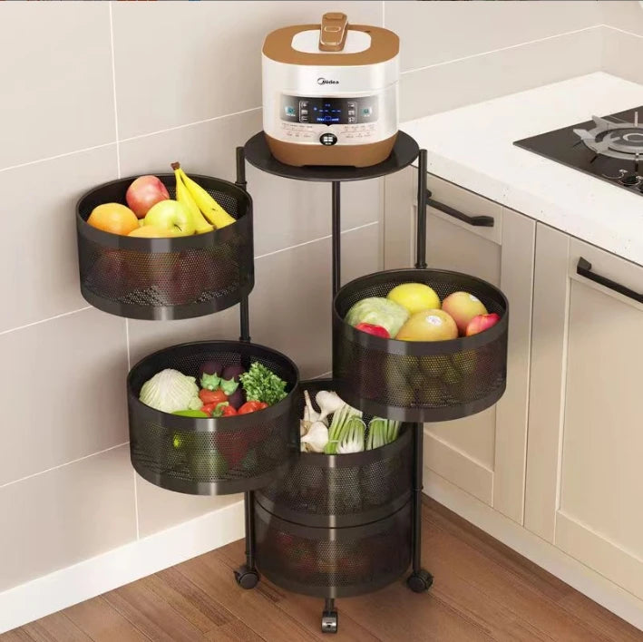 Clarify.pk multi layer vegetable and fruit organizer with black mesh baskets on wheels holding fresh produce