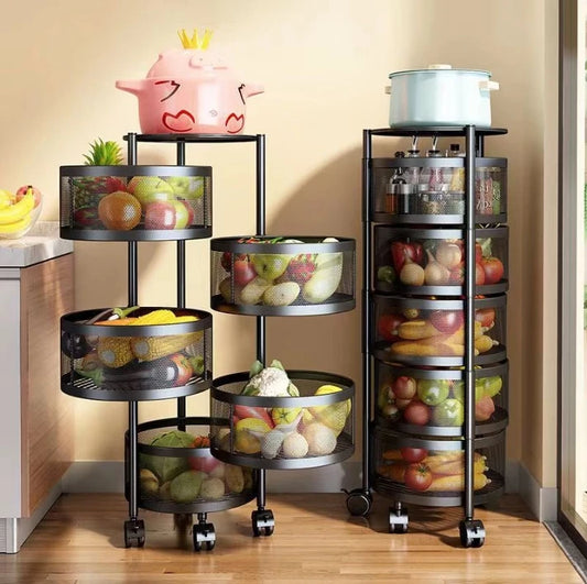 Clarifypk multi layer vegetable and fruit organizer with black mesh baskets on wheels holding fresh produce