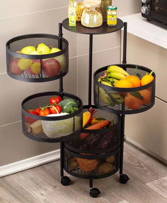 Clarify.pk multi layer vegetable and fruit organizer with rotating mesh baskets on wheels