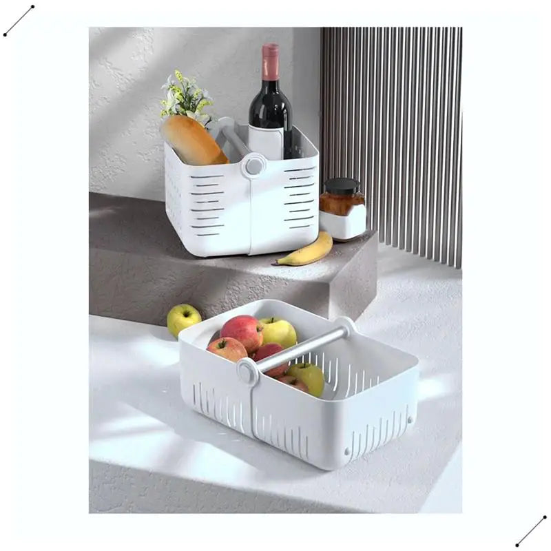 White multi-purpose bathroom organizer basket holding fruits and kitchen items with a foldable handle