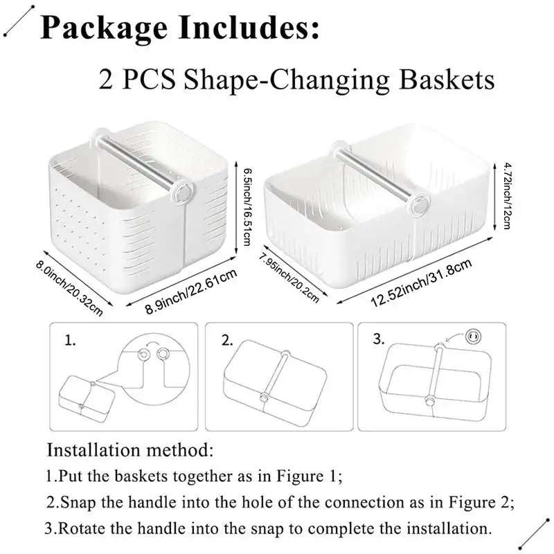 Clarify.pk multi-purpose bathroom organizer basket set with two shape-changing white baskets and adjustable handle