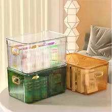Clarify.pk multi-purpose household storage box set in clear, green, and amber colors for organized home storage