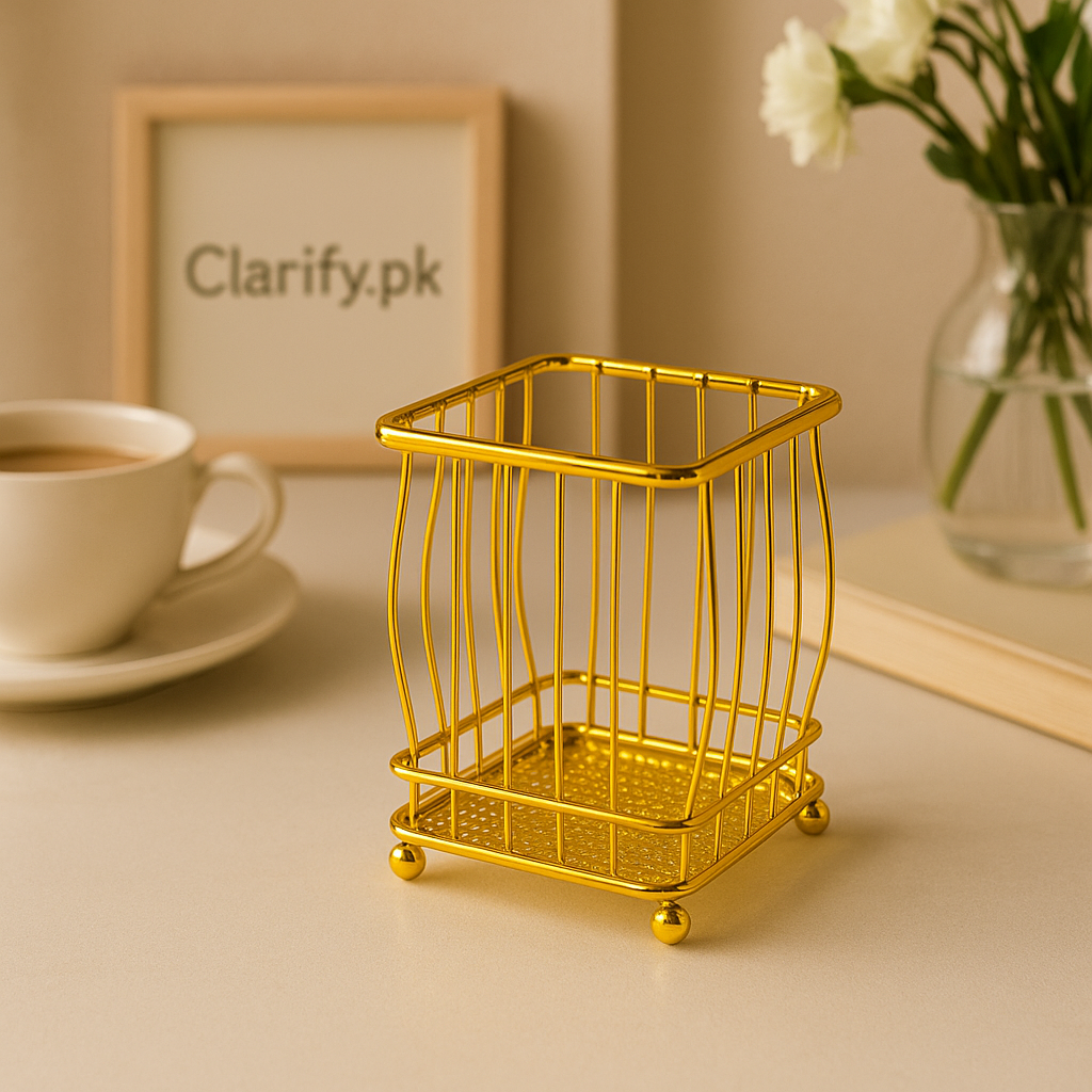 Golden metal multi-purpose organizer with wireframe design on a desk next to coffee cup and flowers