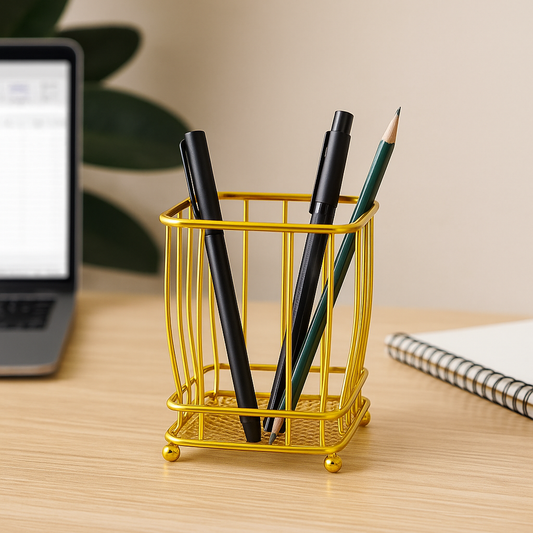 Gold wire metal Multi-Purpose Organizer holding pens and pencil on wooden desk