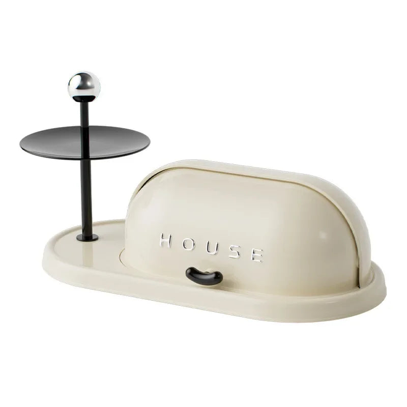 Clarify.pk multi-purpose storage rack for home with cream bread box and black round tray