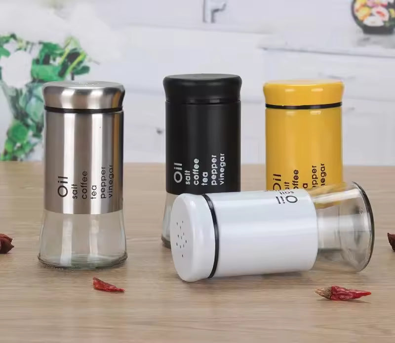 Clarify.pk kitchen spice jar container set of four with stainless steel and colorful lids for oil coffee salt pepper vinegar
