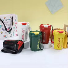 Leakproof thermos coffee mug set in red white green and yellow colors with secure lids and carry handles