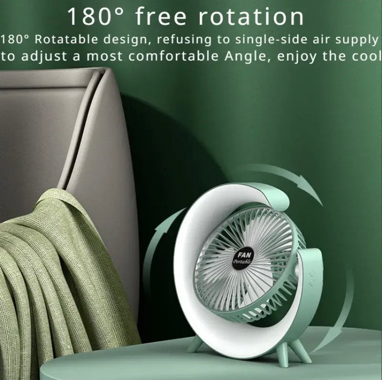 Multifunction desktop fan with LED light featuring 180 degree free rotation and modern design in green and white