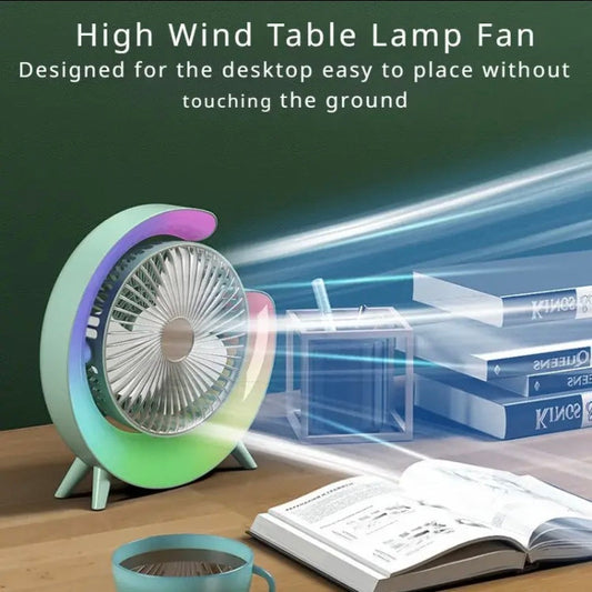Multifunction desktop fan with LED light showing high wind flow on a wooden desk with books and cup