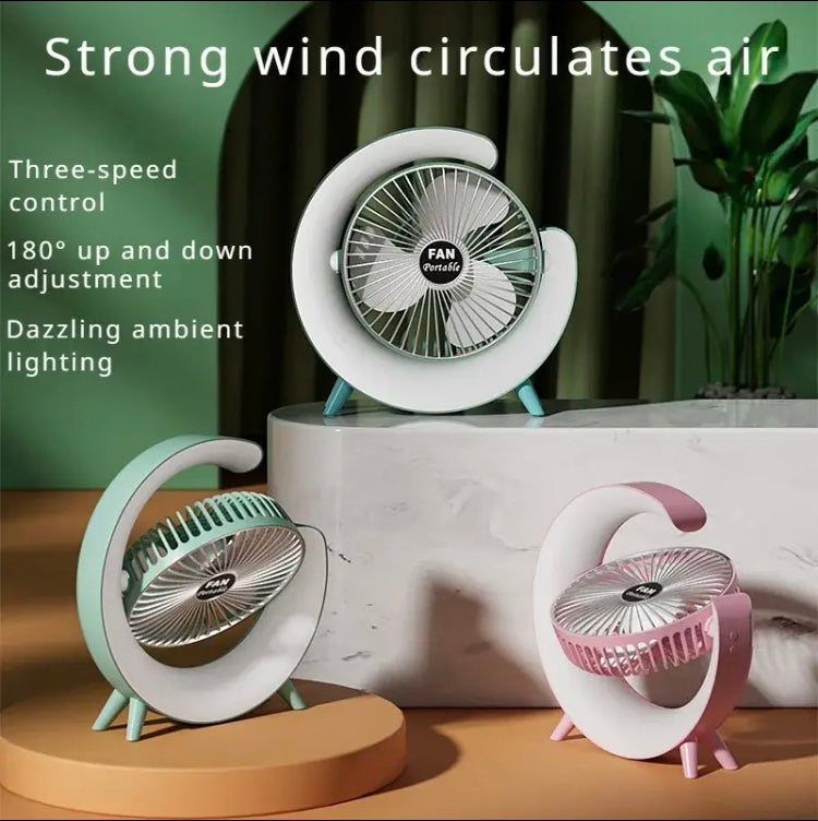 Multifunction desktop fan with LED light in white pink and green colors with three-speed control and adjustable angle