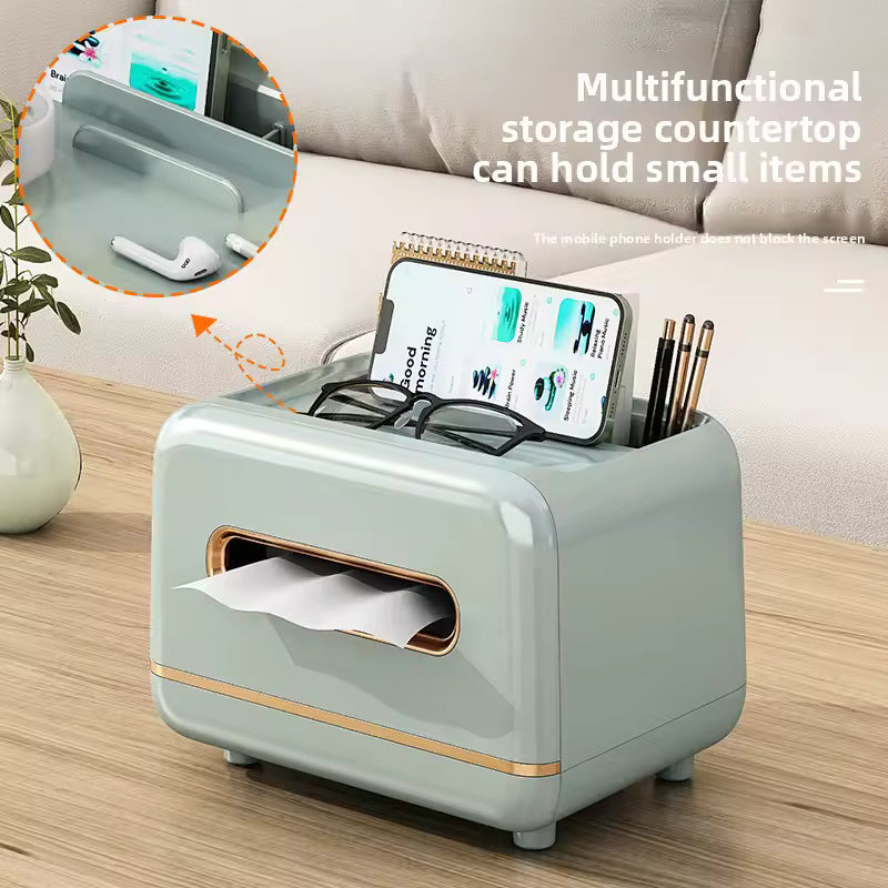 Gray multifunction desktop organizer with compartments for phone, glasses, pencils, and tissue paper on wooden table