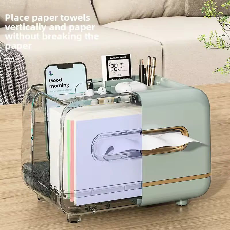 Clarify.pk multifunction desktop organizer with compartments for phone, pens, notes, and paper towels in living room