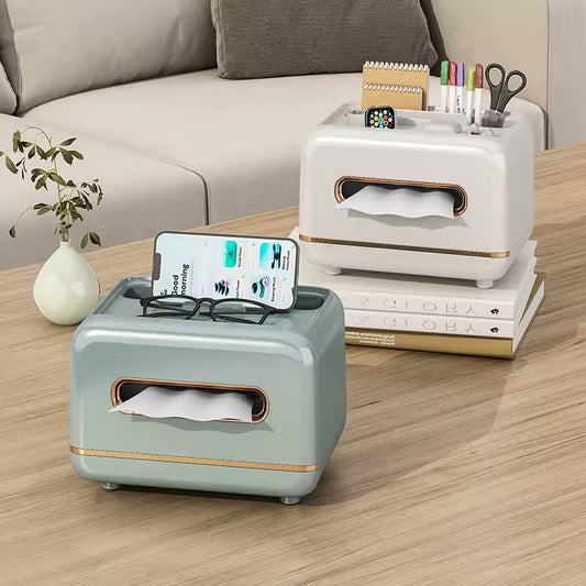 Clarify.pk multifunction desktop organizer in white and blue holding tissues, pens, scissors, and smartphone