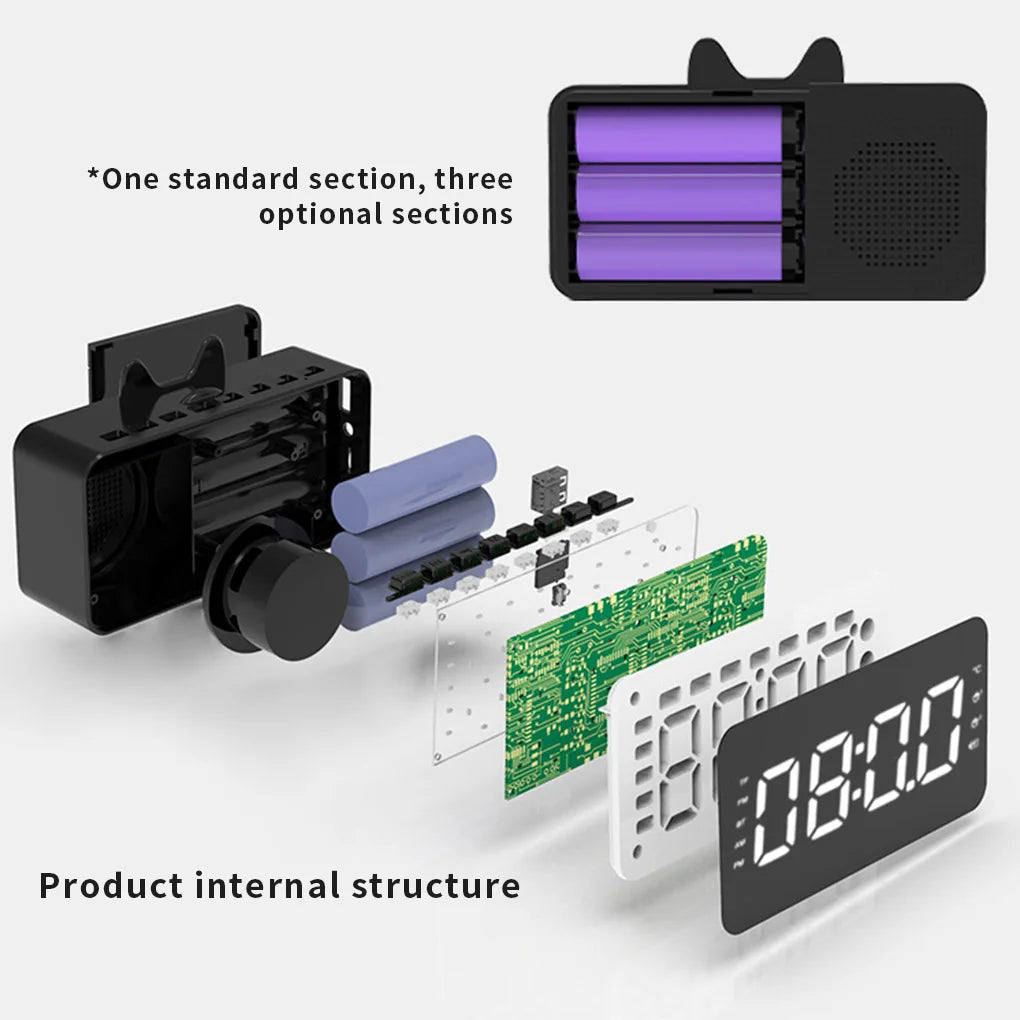Clarify.pk multifunctional alarm clock showing exploded view of internal components and battery sections