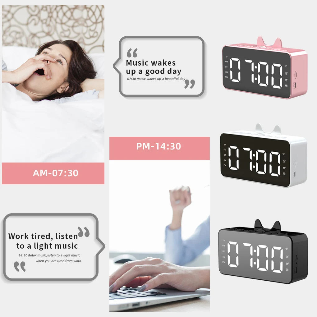 Multifunctional alarm clock in pink white and black with digital time display and music wake up feature