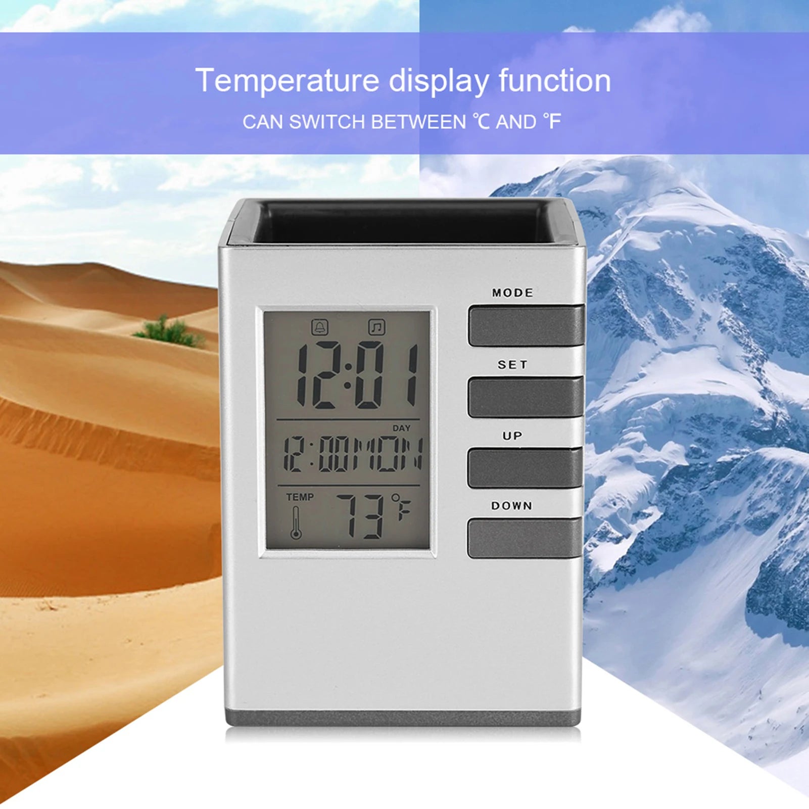 Multifunctional alarm clock with pen holder featuring temperature display and digital time