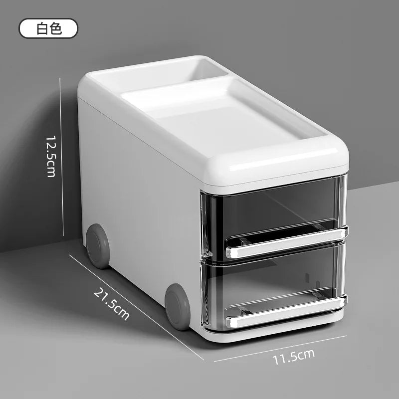 Multifunctional cosmetic organizer with two transparent drawers and white top storage tray by Clarify.pk