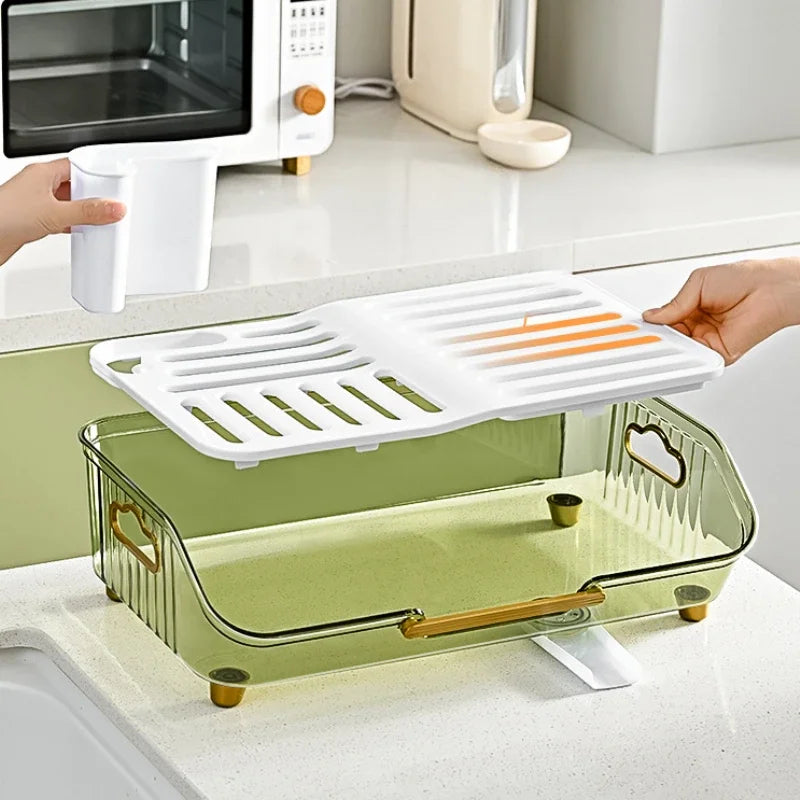 Clarify.pk multifunctional dish drainer with utensil holder and green transparent drain bowl rack