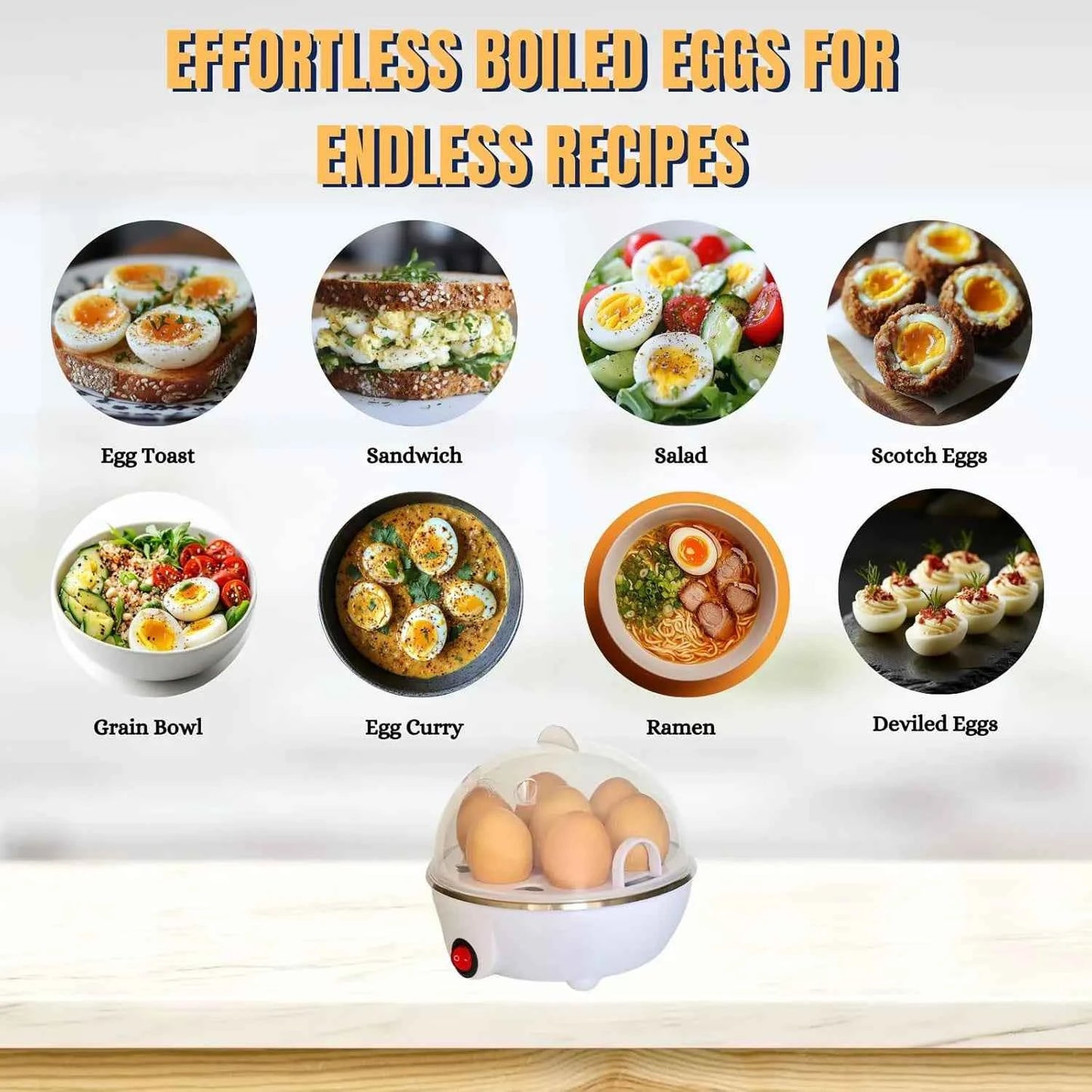 Multifunctional egg boiler with images of different egg dishes like salads, sandwiches, and deviled eggs