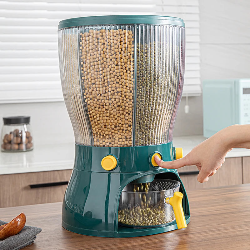 Multifunctional kitchen storage container for easy access to grains and legumes with a user-friendly design