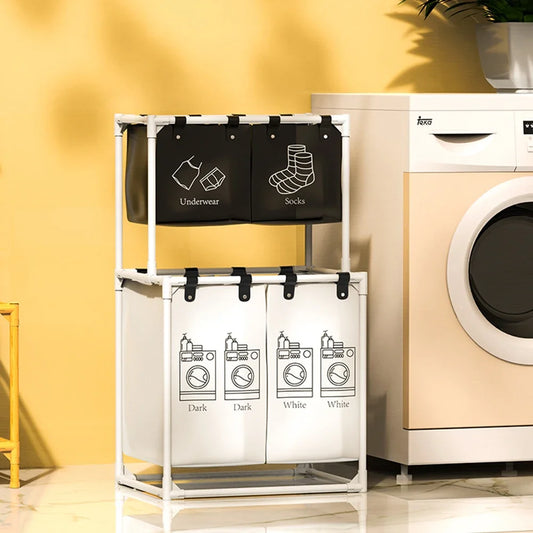 Clarify.pk multifunctional laundry basket with labeled compartments for underwear, socks, dark and white clothes