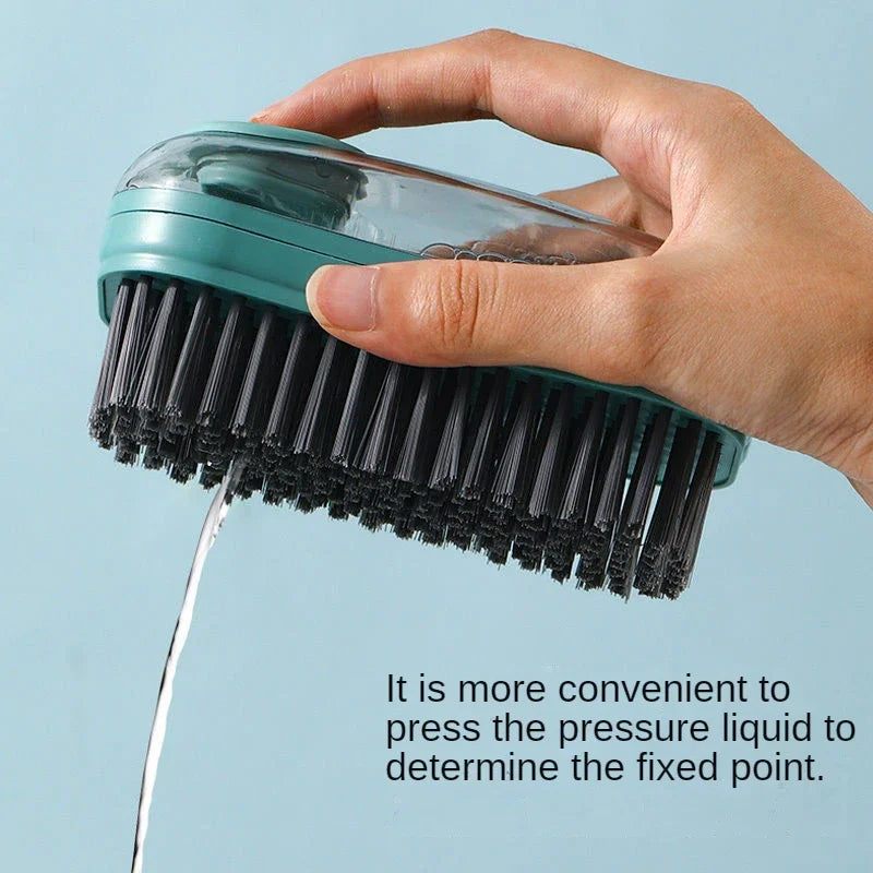 Clarify.pk multifunctional liquid brush with black bristles and transparent container held in hand dispensing liquid