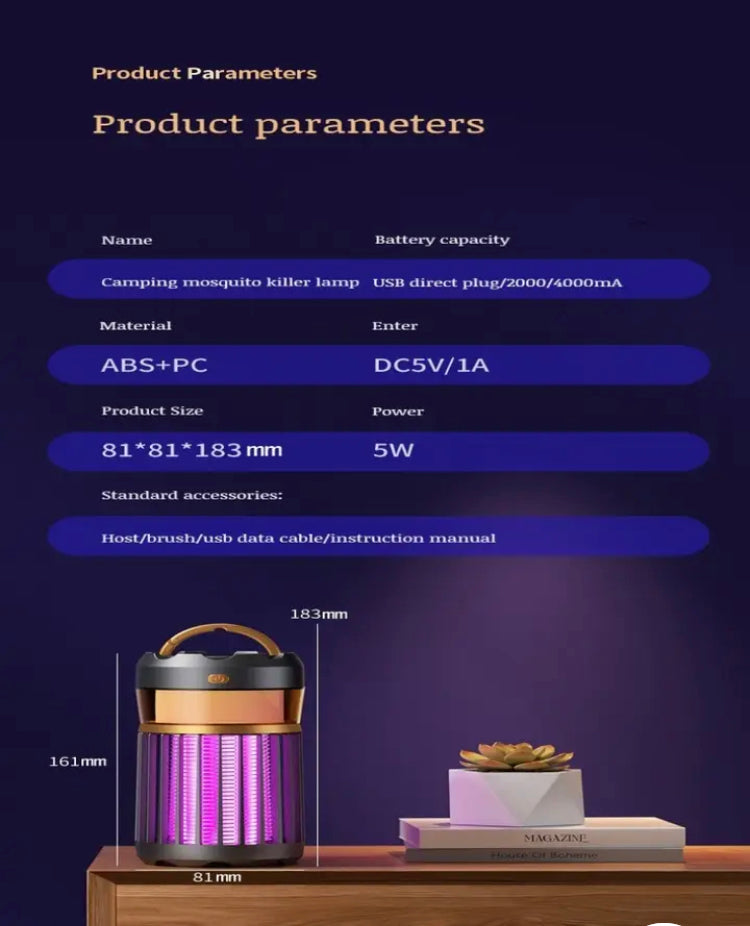 Multifunctional mosquito killer light with USB plug and compact design measuring 81 by 81 by 183 millimeters