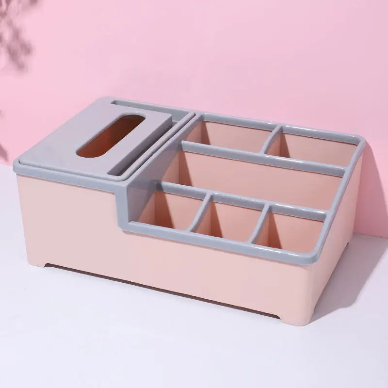 Multifunctional organizer for desk in pink and gray with multiple compartments for office supplies